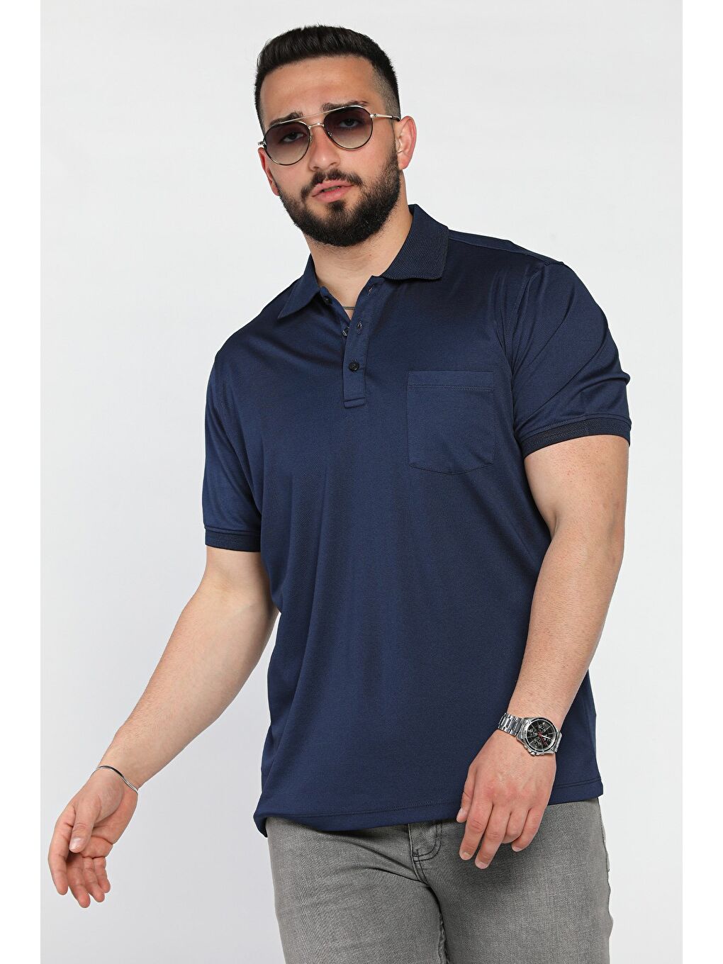 İndigo Yarım Düğmeli Polo Yaka Cepli Erkek Tişört-1