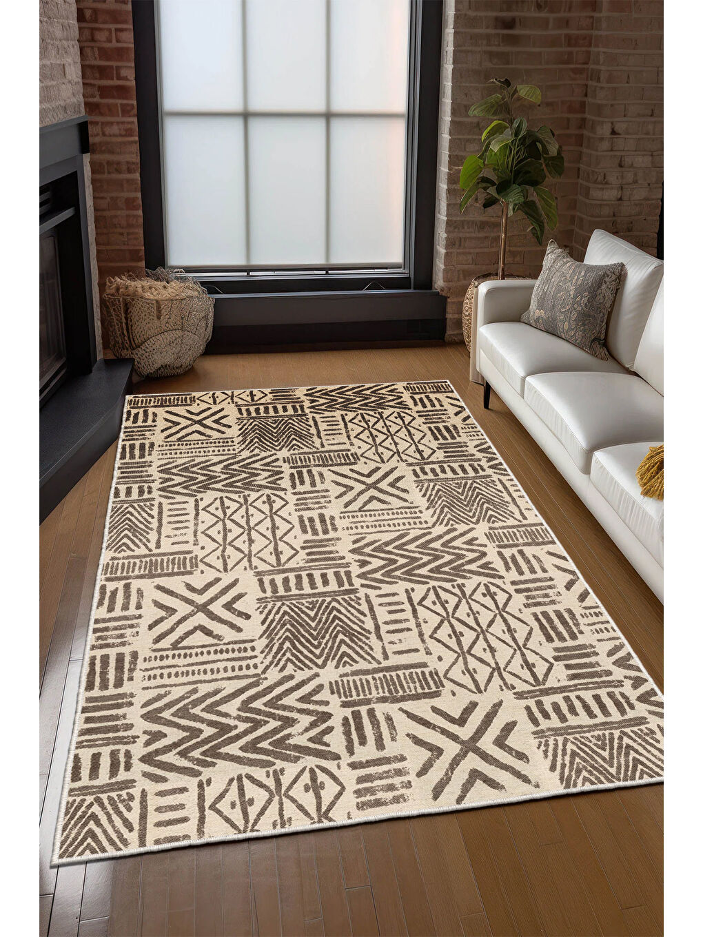 Kahverengi Dekoratif Özel Tasarım Yıkanabilir İnce Kaymaz Tabanlı Modern Halı KECE FR48-2