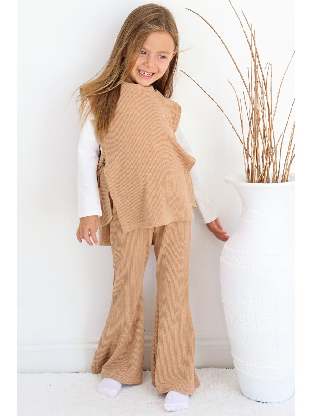 Kahverengi Kız Çocuk Simena Camel Bağlama Detaylı Üst İspanyol Alt Üst Eşofman Takım-4
