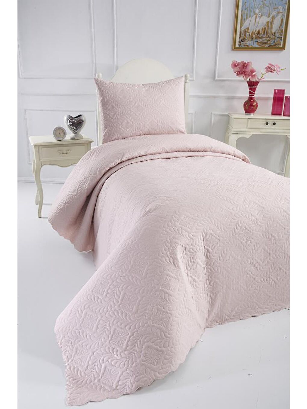 Pembe Ultrasonik Kapitoneli Elite Tek Kişilik Yatak Örtüsü Pudra-1