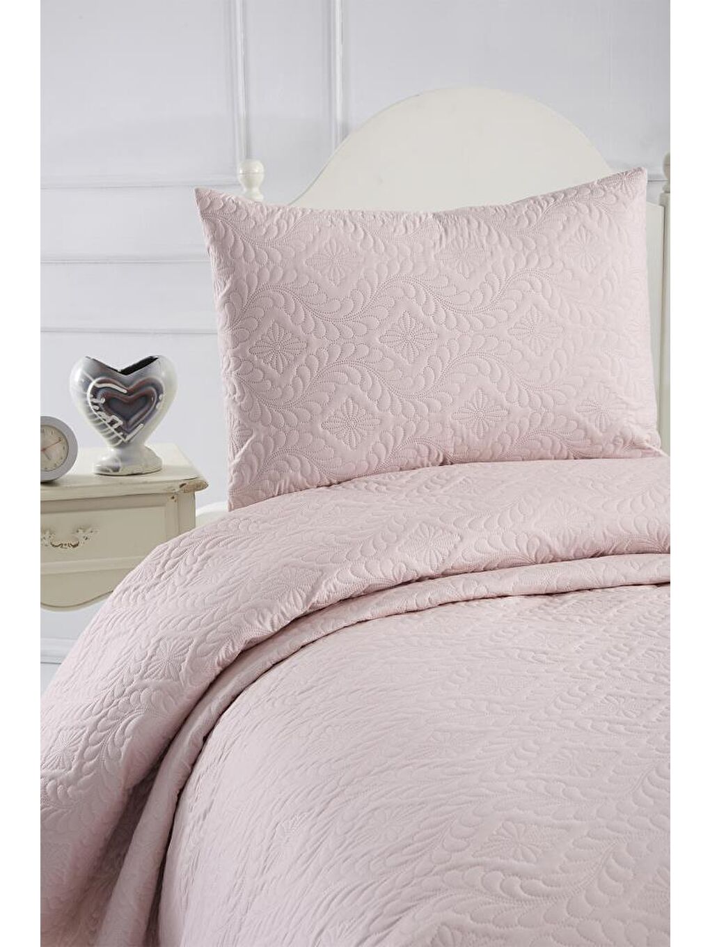 Pembe Ultrasonik Kapitoneli Elite Tek Kişilik Yatak Örtüsü Pudra-3