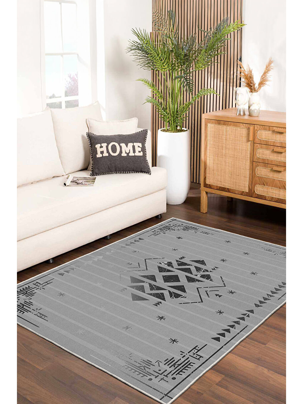 Gri Dekoratif Özel Tasarım Yıkanabilir İnce Kaymaz Tabanlı Modern Halı KECE FR46-1