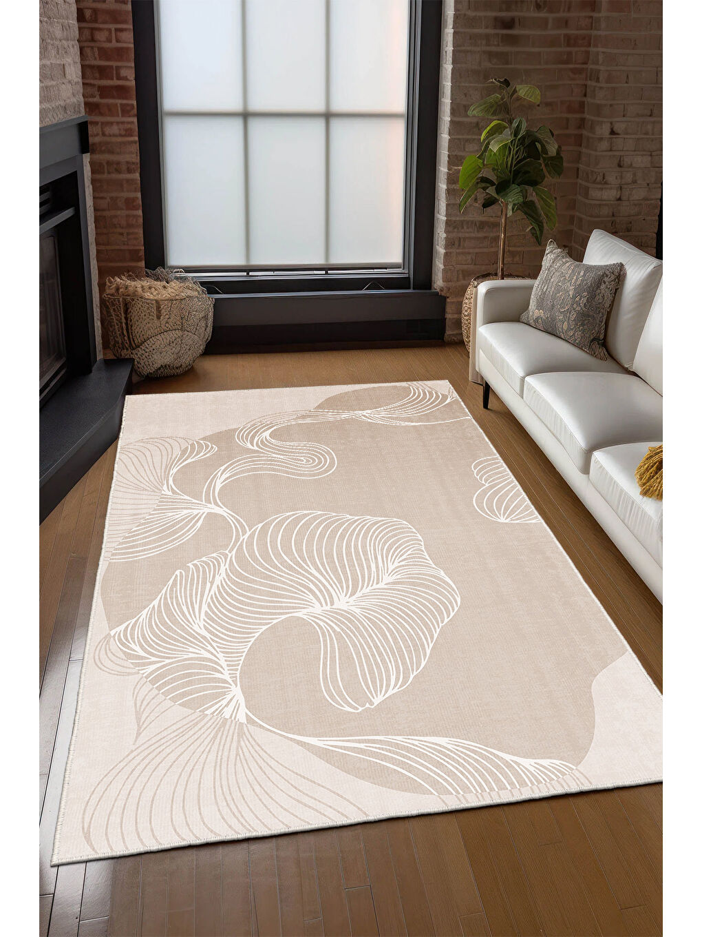 Ekru Dekoratif Özel Tasarım Yıkanabilir İnce Kaymaz Tabanlı Modern Halı KECE FR51-3