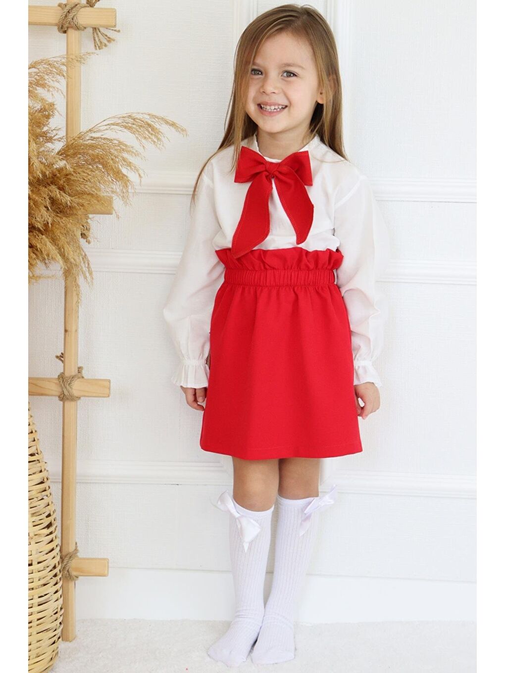 Kız Çocuk Parla Uzun Kollu Kırmızı Etek Ekru Bluz Fular 23 Nisan Takım-2
