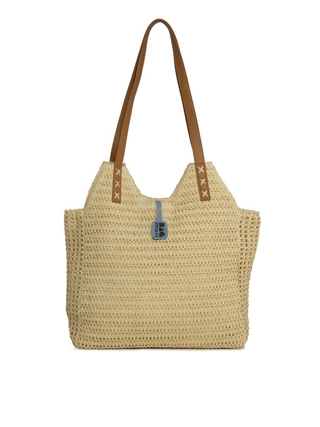 Ekru Deri Askılı Büyük Tote Hasır Çanta-2