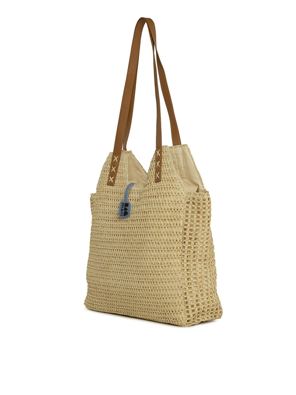 Ekru Deri Askılı Büyük Tote Hasır Çanta-3