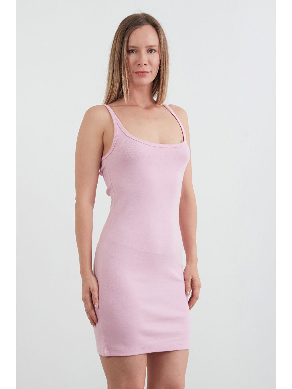 Pembe Basic Askılı Modal Elbise-2