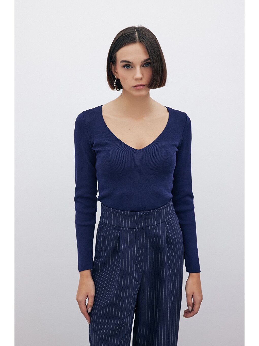 V Yaka Crop Triko - Lacivert-1