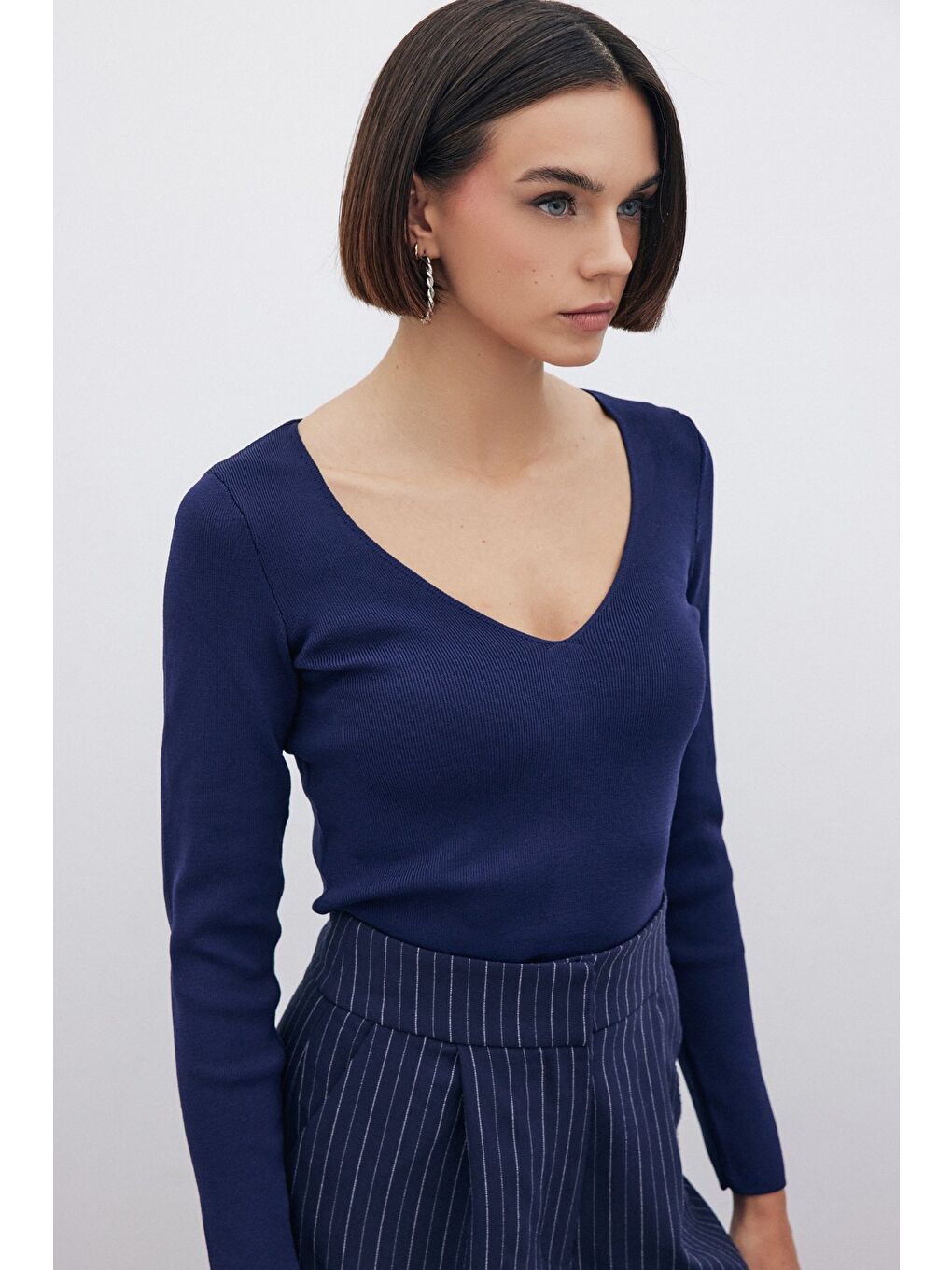 V Yaka Crop Triko - Lacivert-2