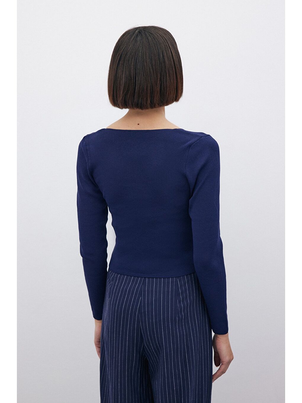 V Yaka Crop Triko - Lacivert-3