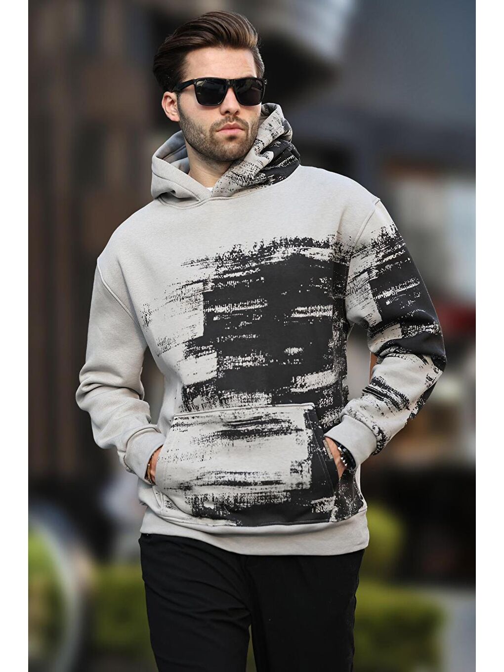 Boyalı Gri Kapüşonlu Desenli Cep Detaylı  Erkek Hoodie 7059
