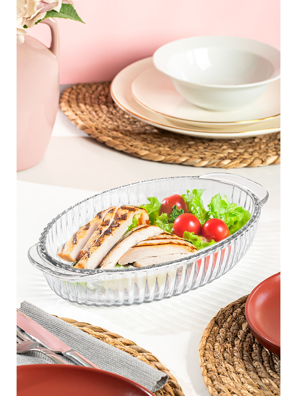 Renksiz 1289 Kayo Desenli Cam Meze Tatlı Sunum Salata Tabağı Cam Tabak Fırın Kabı 16x28 Cm-1