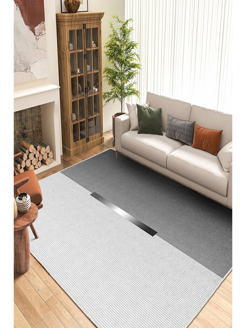 Gri Dekoratif Özel Tasarım Yıkanabilir İnce Kaymaz Tabanlı Modern Halı KECE FR45