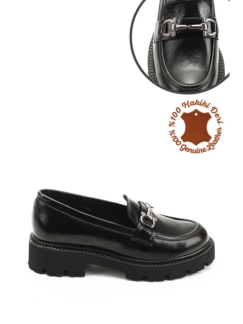 Kırmızı Kadın BAKIR-SİYAH Kalın Topuklu Tokalı Hakiki Deri Loafer Ayakkabı-2