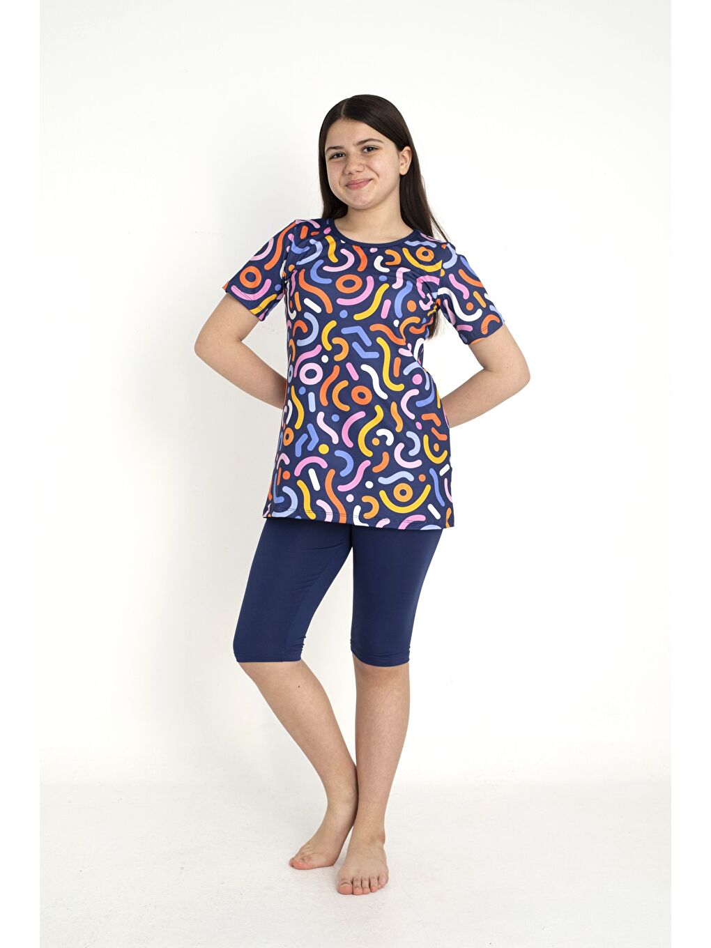 Lacivert Kısa Kollu Taytlı Kız Çocuk Mayo 35102