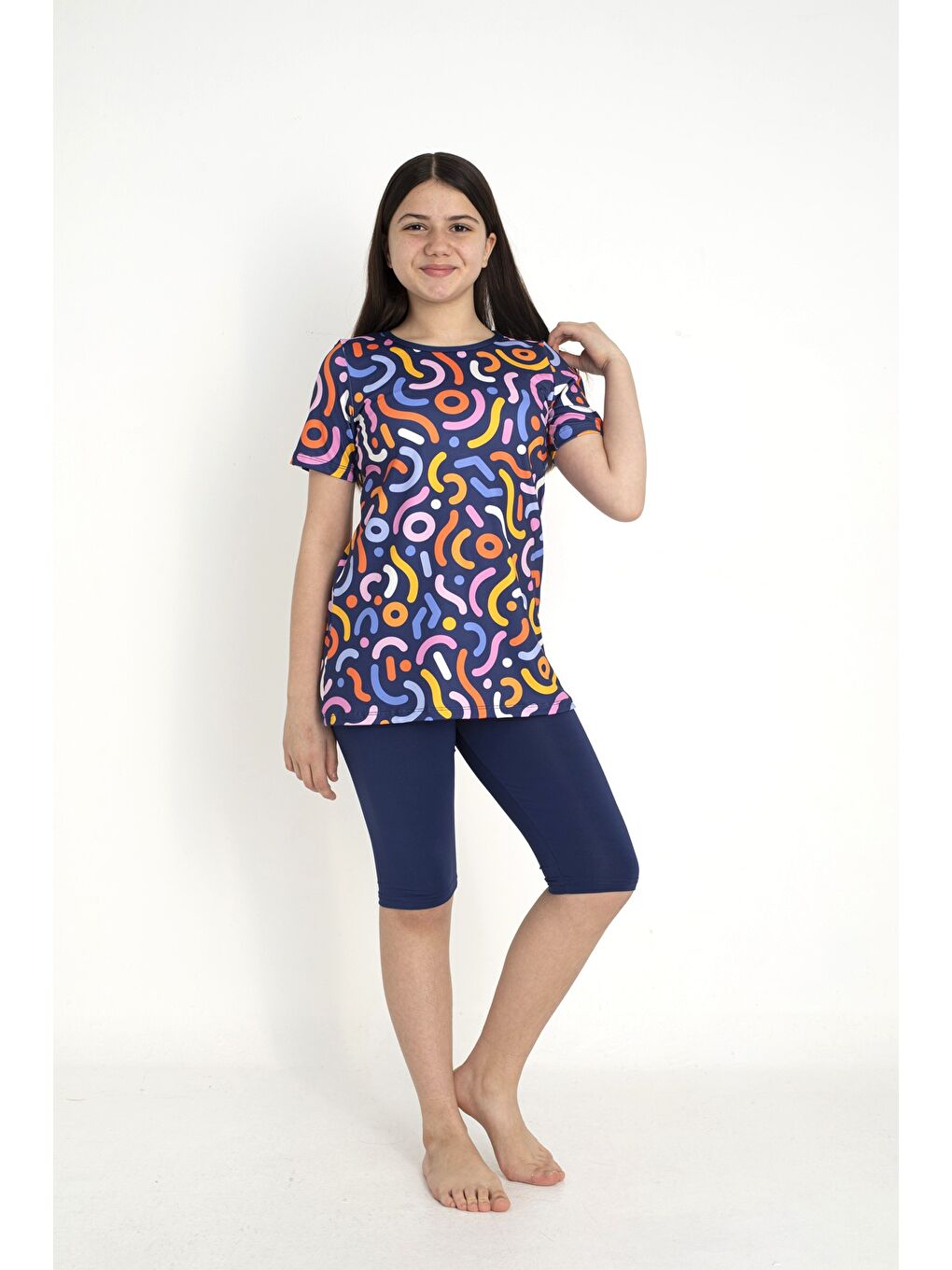 Lacivert Kısa Kollu Taytlı Kız Çocuk Mayo 35102-1