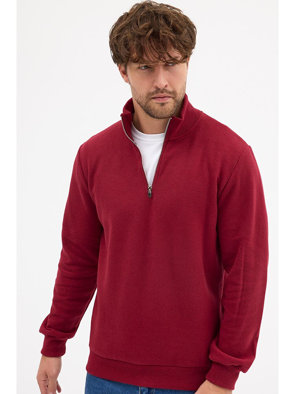Erkek Bordo Standart Fit Normal Kesim Pamuklu Yarım Fermuarlı Dik Yaka Pamuklu Sweatshirt-1