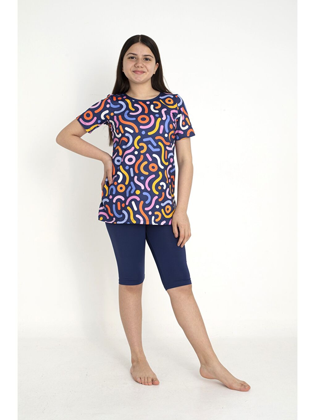 Lacivert Kısa Kollu Taytlı Kız Çocuk Mayo 35102-2