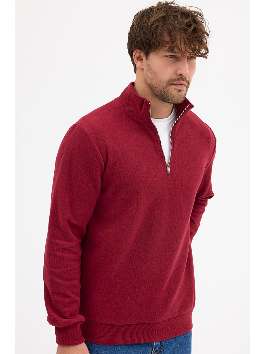 Erkek Bordo Standart Fit Normal Kesim Pamuklu Yarım Fermuarlı Dik Yaka Pamuklu Sweatshirt-2