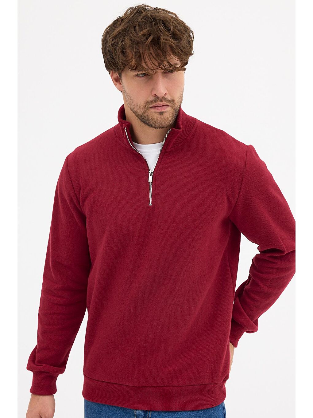 Erkek Bordo Standart Fit Normal Kesim Pamuklu Yarım Fermuarlı Dik Yaka Pamuklu Sweatshirt-3