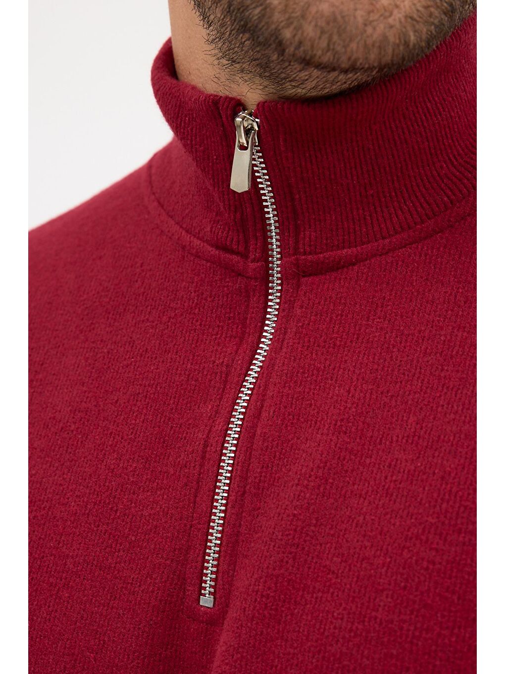 Erkek Bordo Standart Fit Normal Kesim Pamuklu Yarım Fermuarlı Dik Yaka Pamuklu Sweatshirt-4