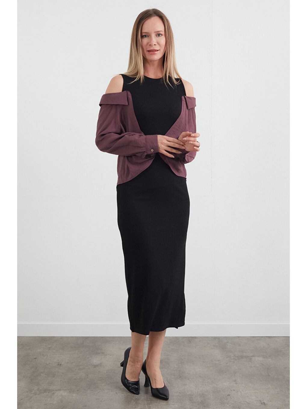 Mürdüm Basic Gömlek Detaylı Yırtmaçlı Elbise-1