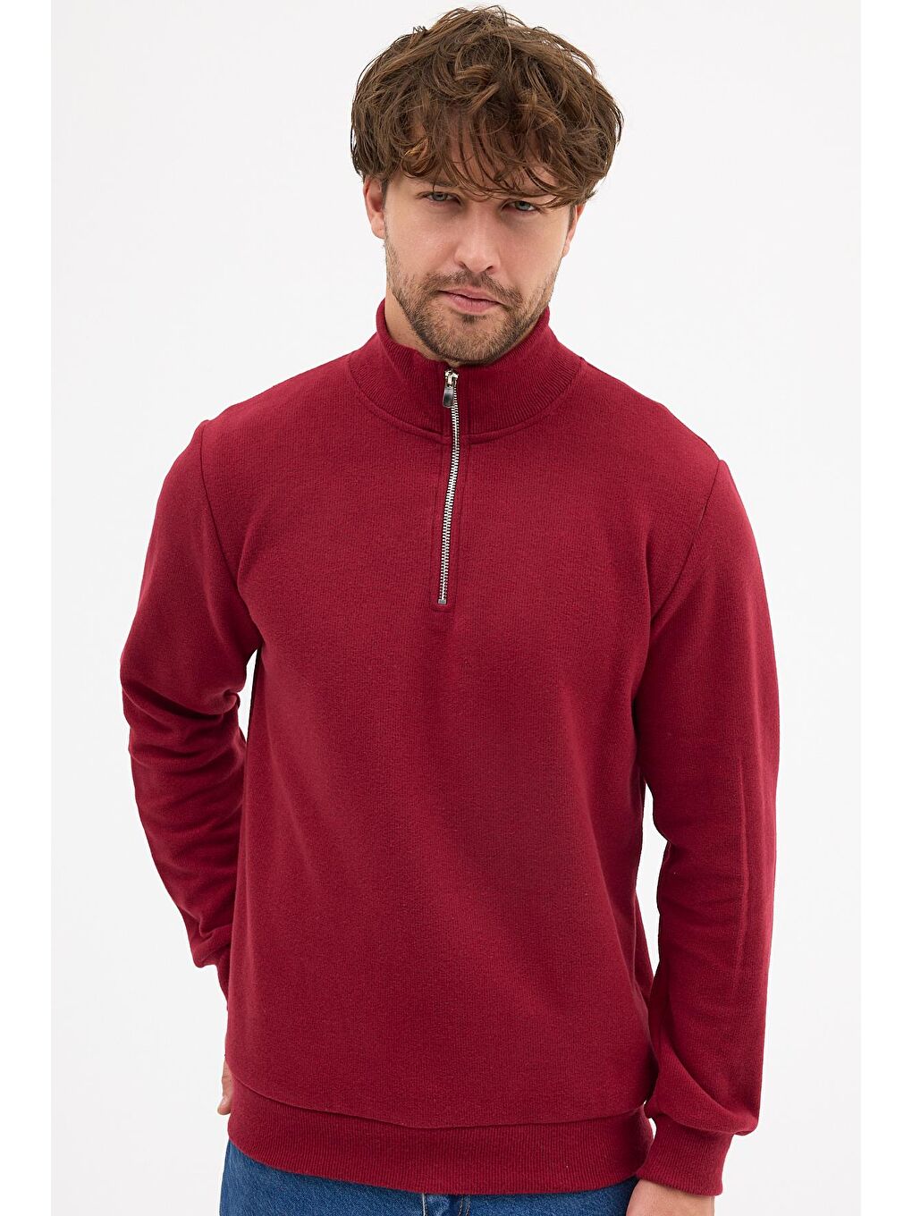 Erkek Bordo Standart Fit Normal Kesim Pamuklu Yarım Fermuarlı Dik Yaka Pamuklu Sweatshirt-5