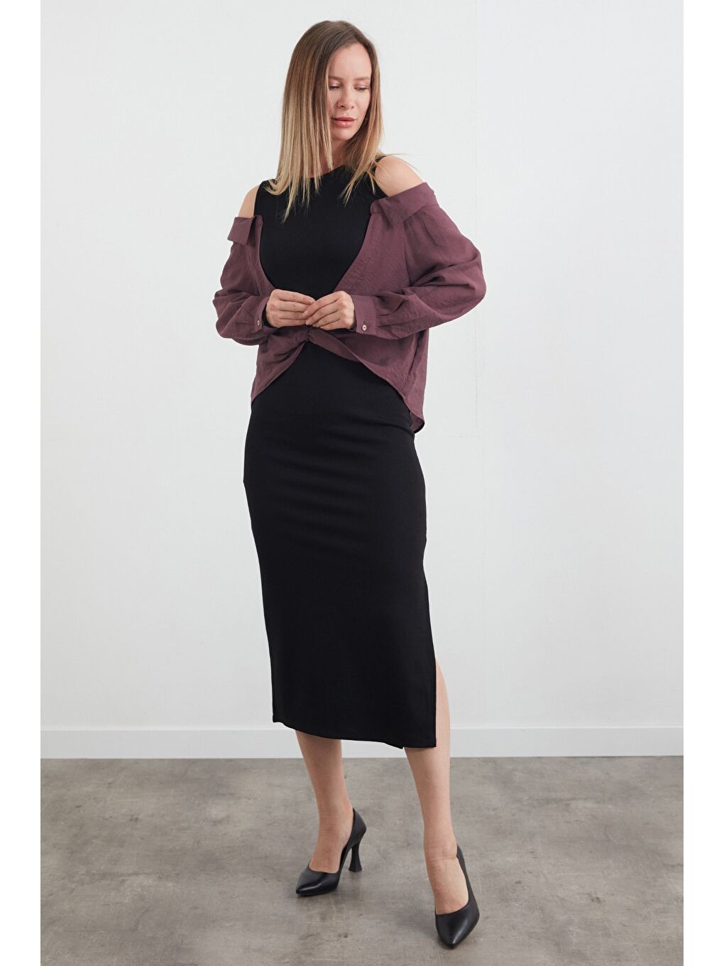 Mürdüm Basic Gömlek Detaylı Yırtmaçlı Elbise-2