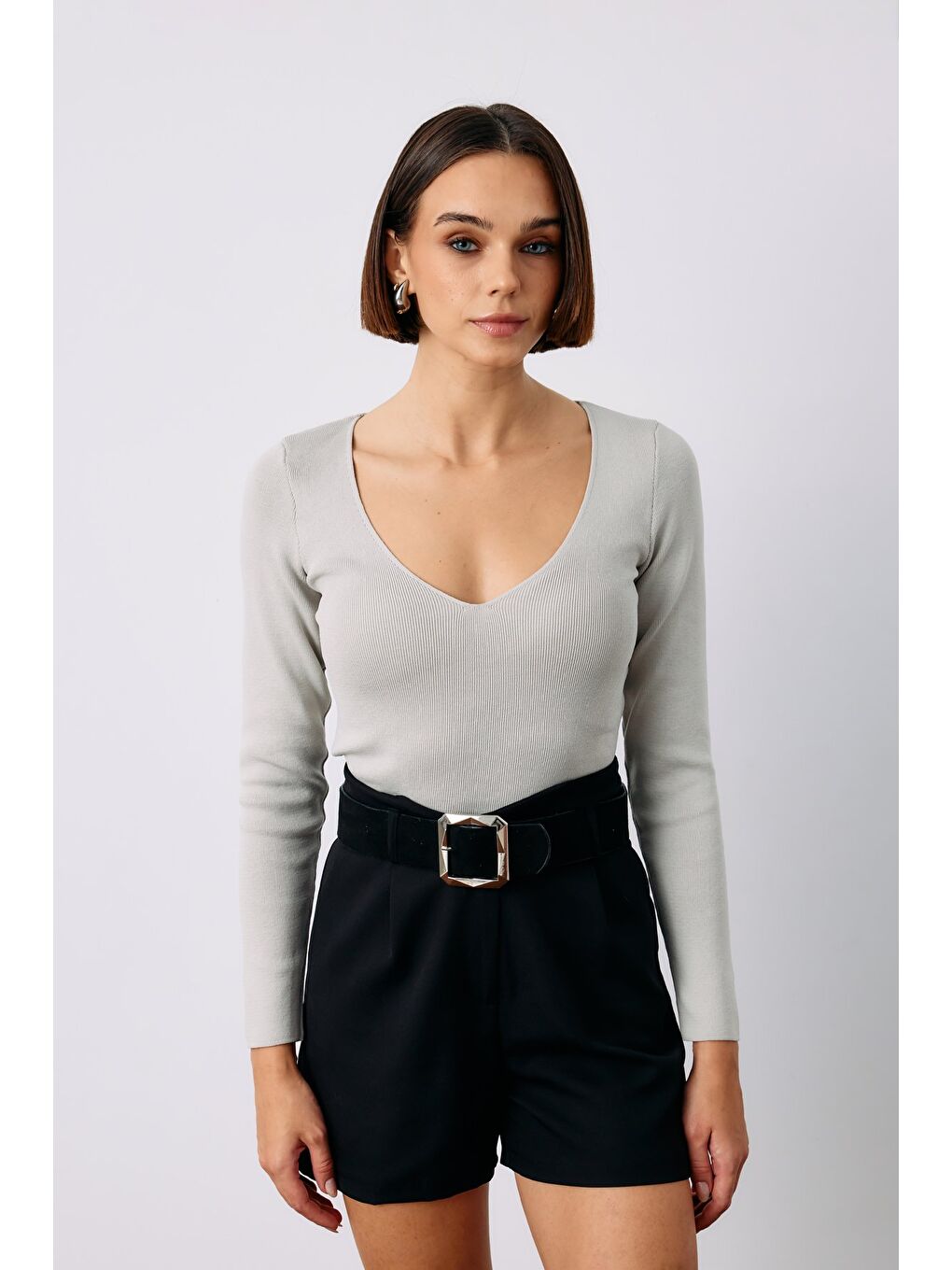 V Yaka Crop Triko - Gri-1