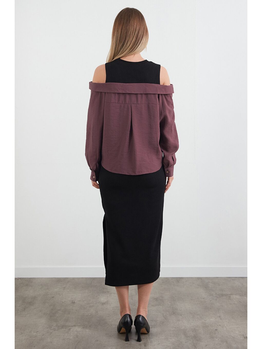 Mürdüm Basic Gömlek Detaylı Yırtmaçlı Elbise-3