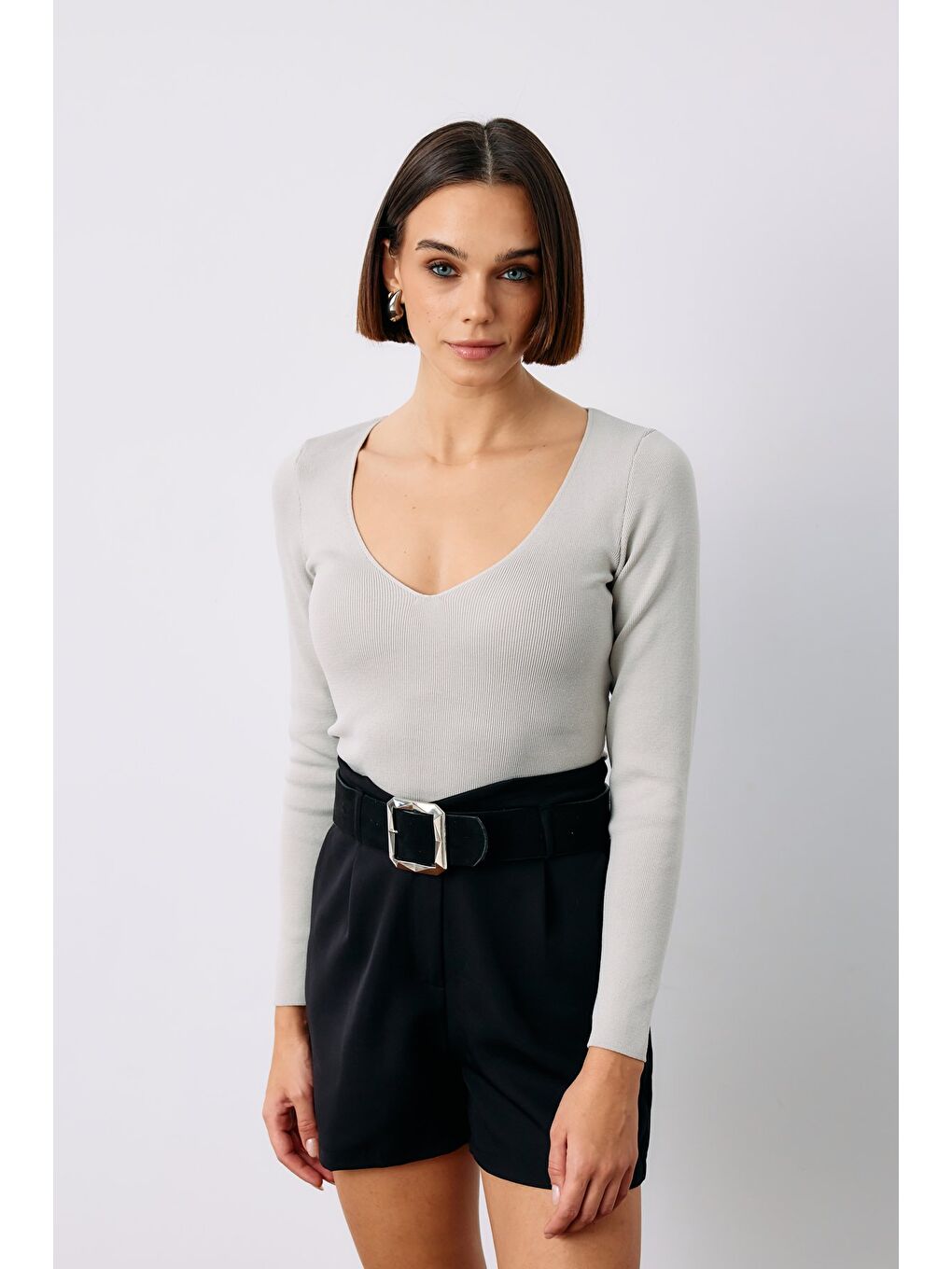 V Yaka Crop Triko - Gri-2