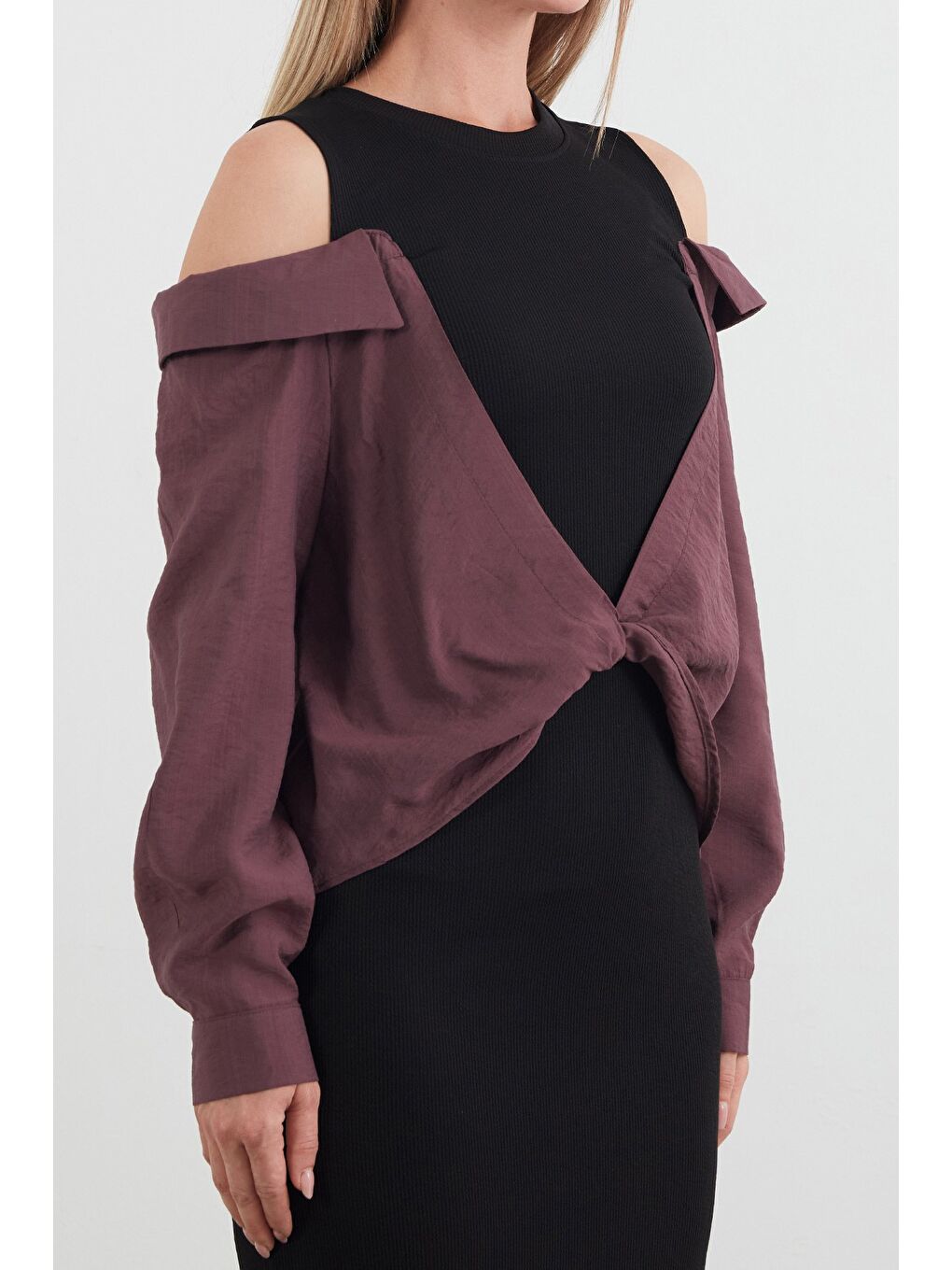 Mürdüm Basic Gömlek Detaylı Yırtmaçlı Elbise-4