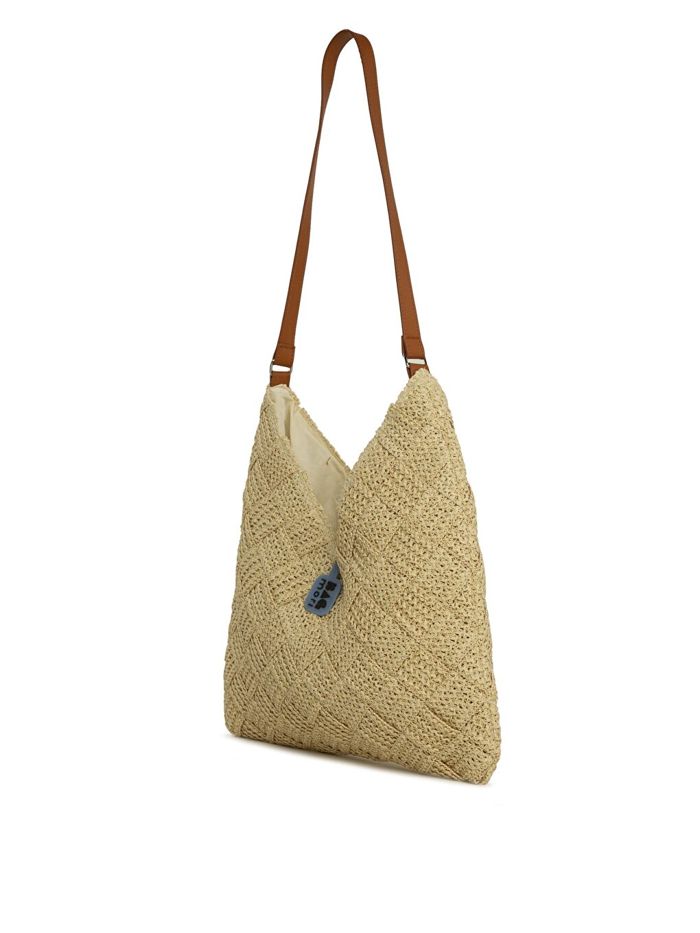 Ekru Deri Askılı Örgülü Hasır Çanta-1