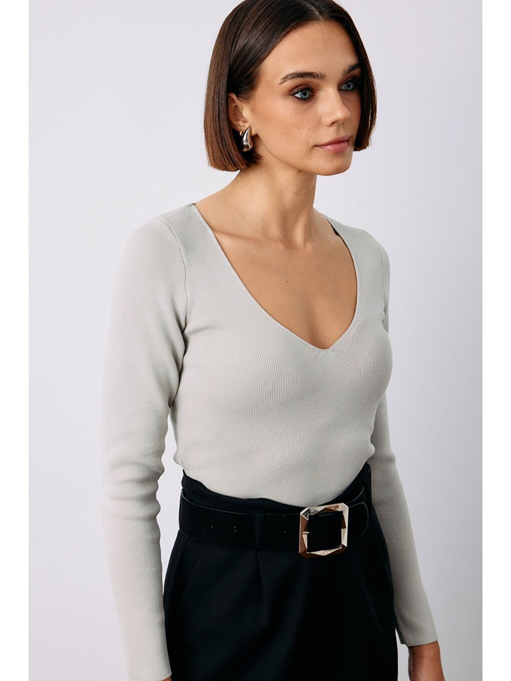 V Yaka Crop Triko - Gri-3