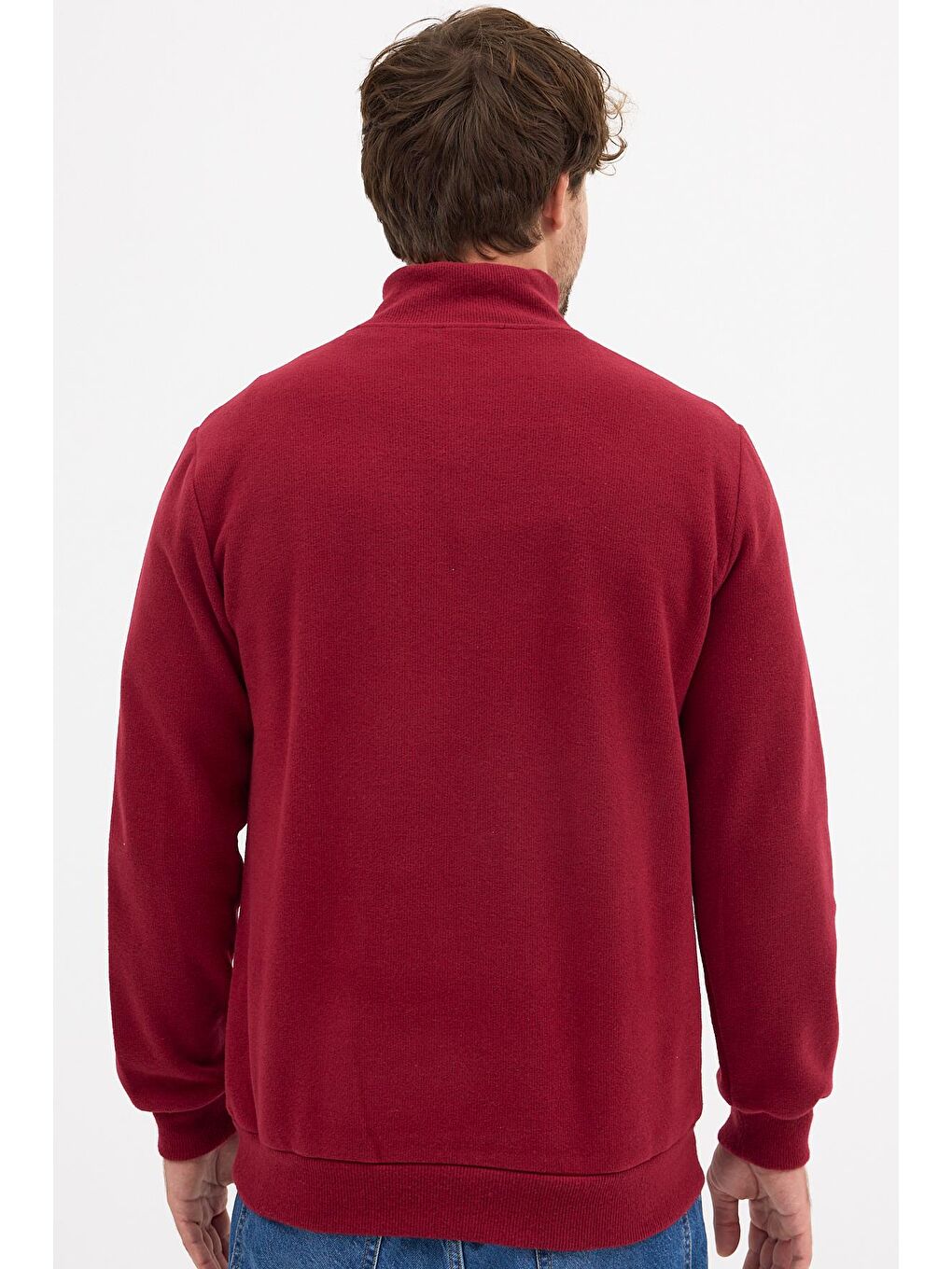 Erkek Bordo Standart Fit Normal Kesim Pamuklu Yarım Fermuarlı Dik Yaka Pamuklu Sweatshirt-6