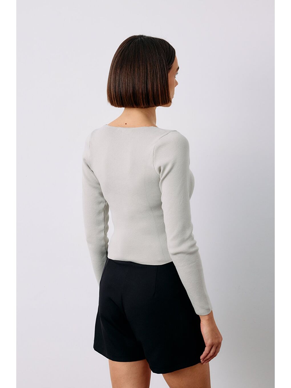 V Yaka Crop Triko - Gri-4