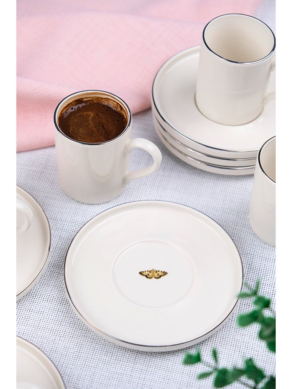 Beyaz Porselen Platin Kahve Fincan Takımı Kelebek 90cc 6 Kişilik 12 Parça-3