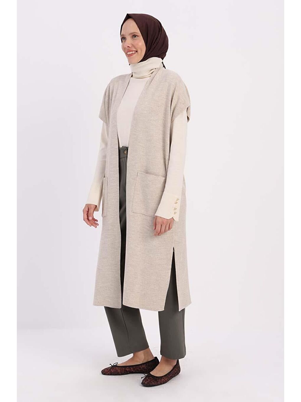 Bej Taş-Cepli Uzun Triko Yelek-2