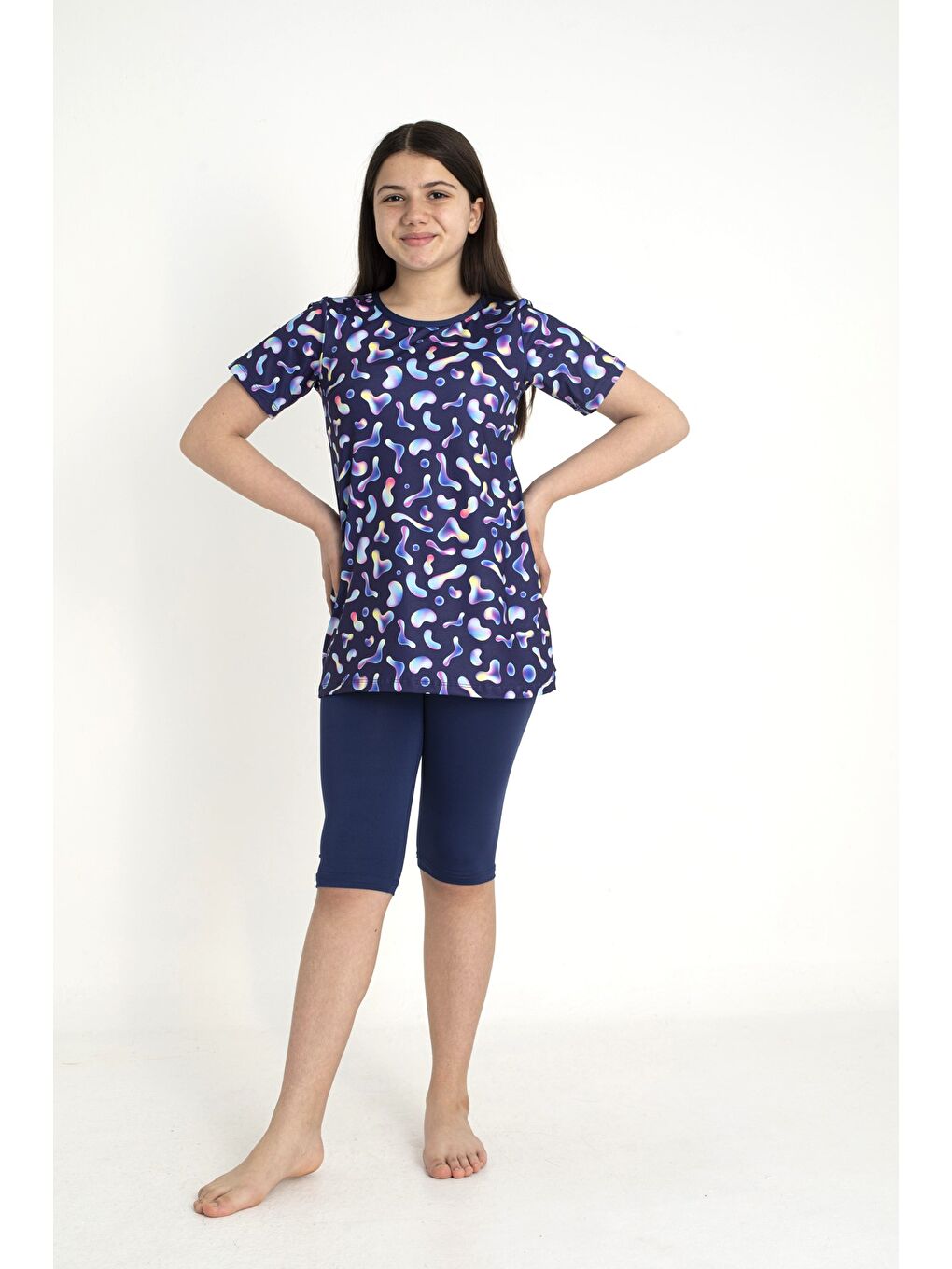 Lacivert Kısa Kollu Taytlı Kız Çocuk Mayo 35108-1