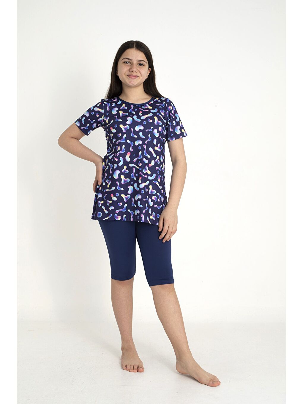 Lacivert Kısa Kollu Taytlı Kız Çocuk Mayo 35108-2