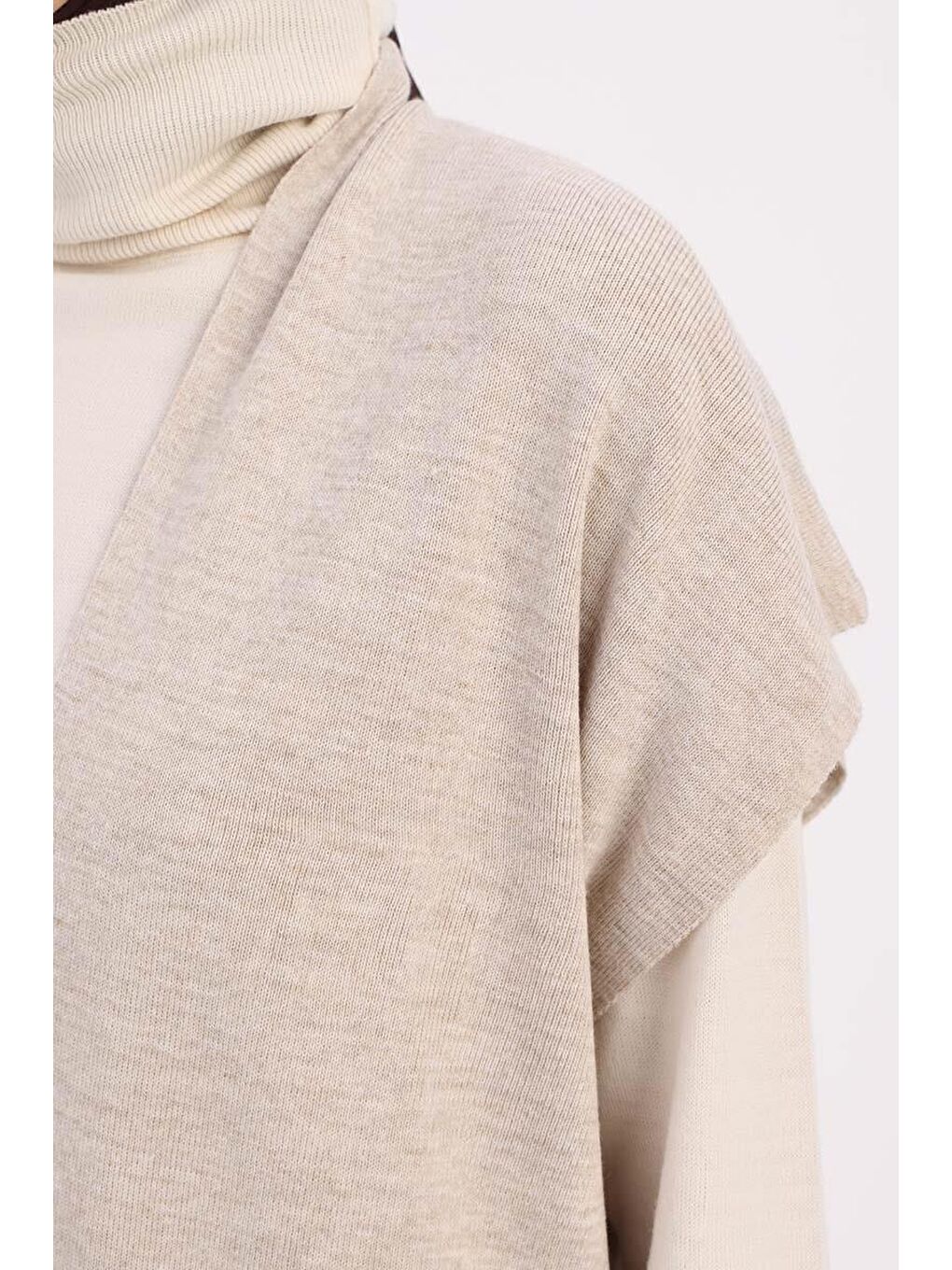 Bej Taş-Cepli Uzun Triko Yelek-4