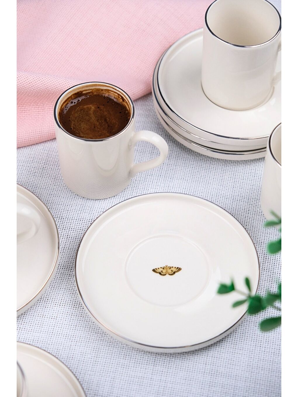 Beyaz Porselen Platin Kahve Fincan Takımı Kelebek 90cc 6 Kişilik 12 Parça-5