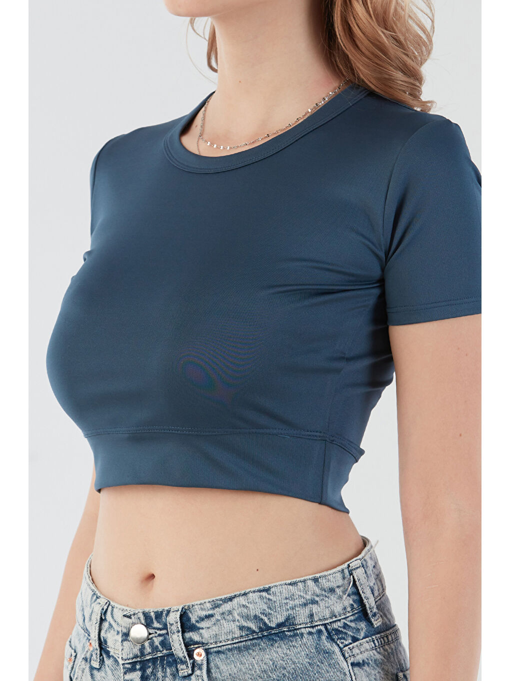 Antrasit Basic Bisiklet Yaka Crop Tişört-4