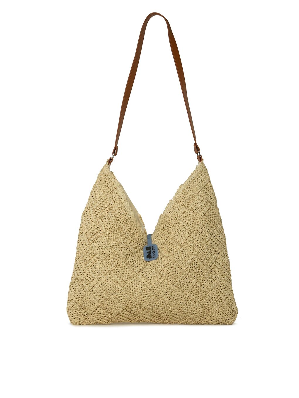 Ekru Deri Askılı Örgülü Hasır Çanta-2