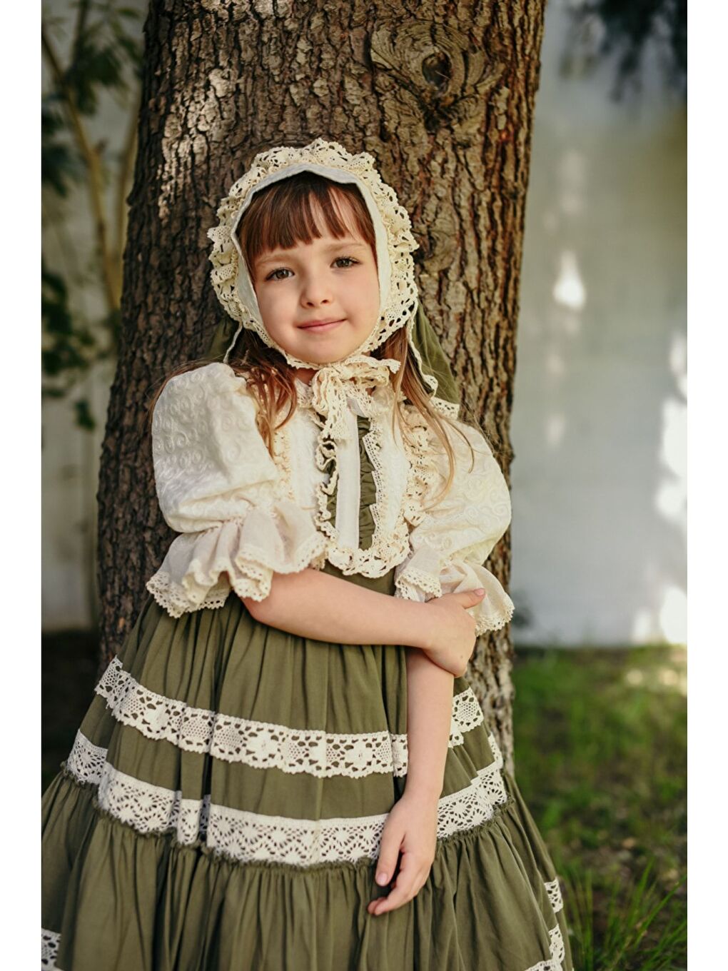 Yeşil Bandanalı Dantel Detaylı Tasarım Vintage Kız Çocuk Elbise_M2206