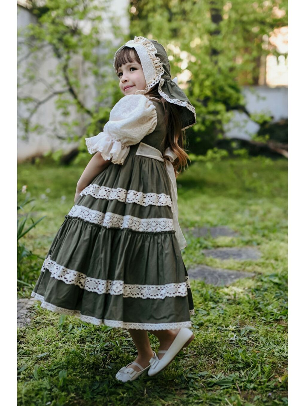 Yeşil Bandanalı Dantel Detaylı Tasarım Vintage Kız Çocuk Elbise_M2206-2