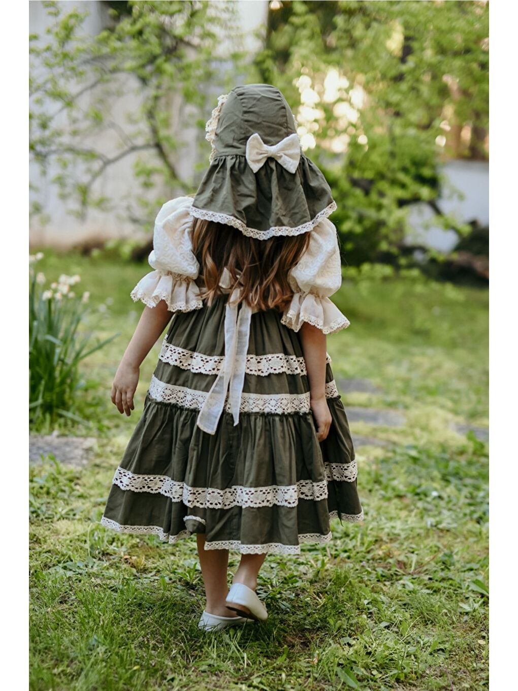 Yeşil Bandanalı Dantel Detaylı Tasarım Vintage Kız Çocuk Elbise_M2206-3