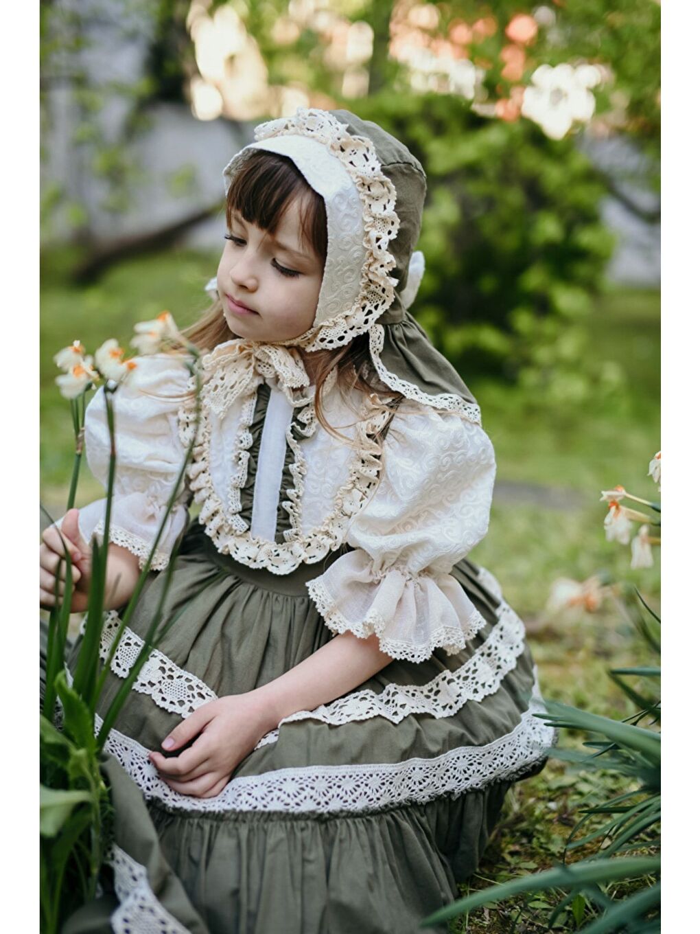 Yeşil Bandanalı Dantel Detaylı Tasarım Vintage Kız Çocuk Elbise_M2206-4