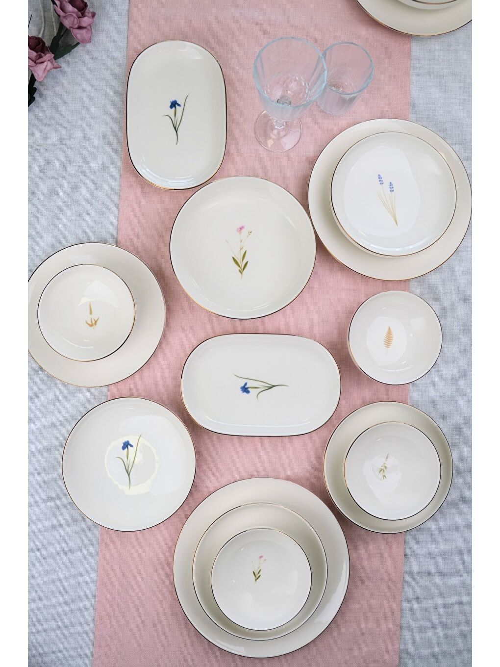 Beyaz Porselen Natura Karma Altın Yaldız Yemek Takımı Salata Kaseli 6 Kişilik 27 Parça