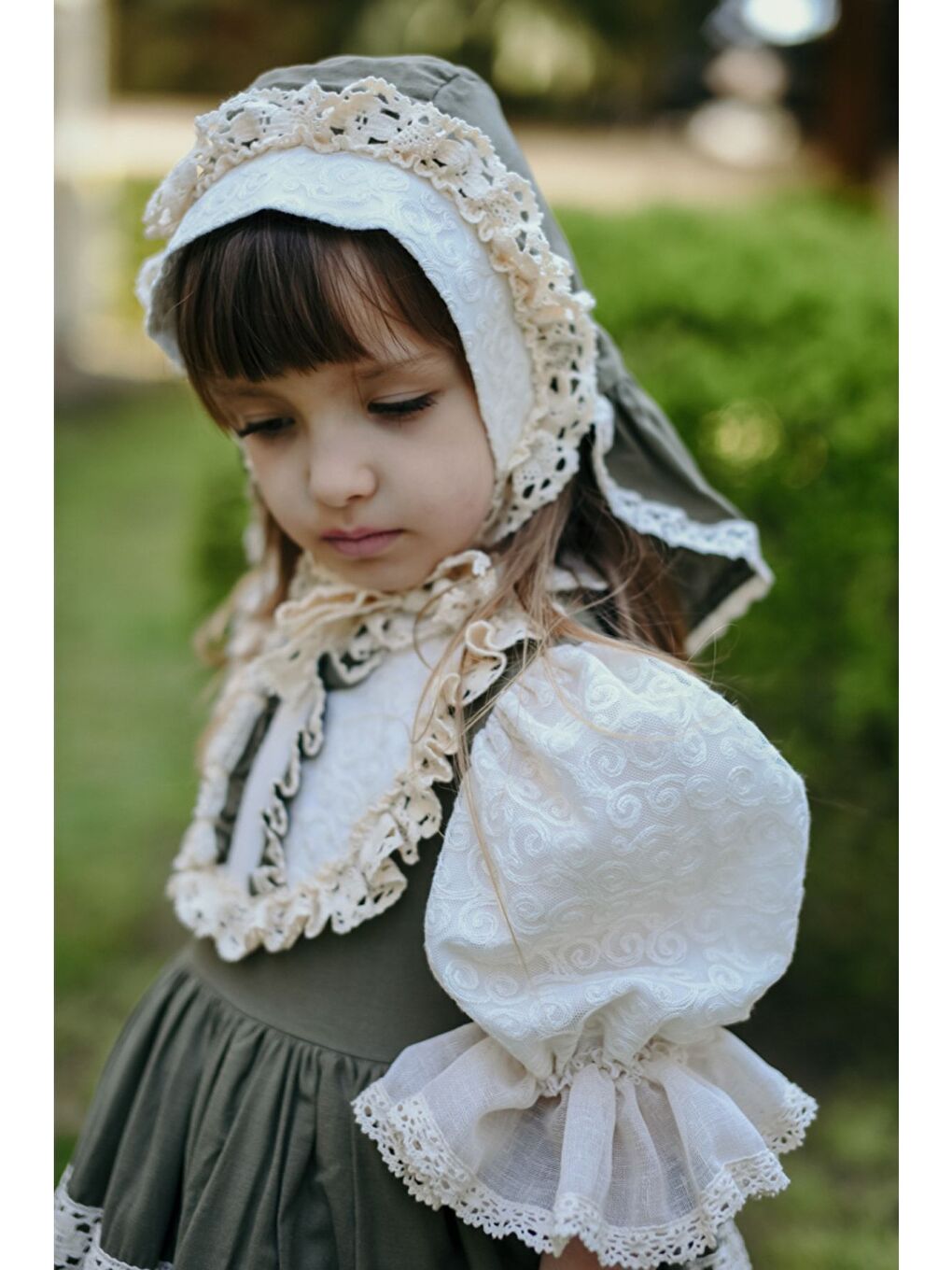 Yeşil Bandanalı Dantel Detaylı Tasarım Vintage Kız Çocuk Elbise_M2206-5